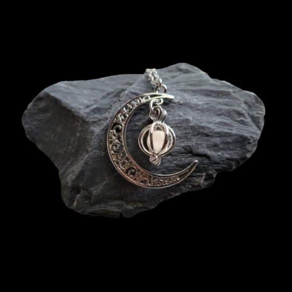 Crescent Moon with Luminous Caged Light Green Glowing Orb Pendant Silver Chain - Picture 5 of 12